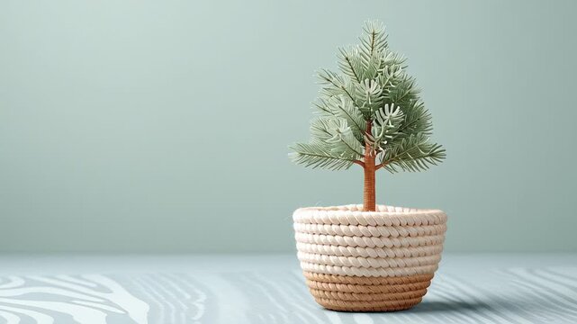 Minimalist decor: small evergreen tree in woven basket on soft blue background