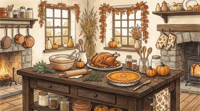Turkey chef preparing Thanksgiving dinner in a cozy vintage kitchen filled with pumpkins and pies