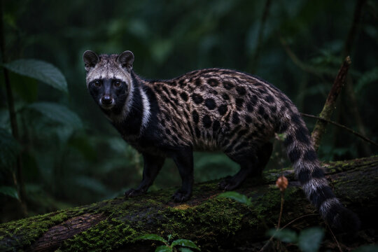 Wild African civet on mossy log in dim rainforest, spotted coat and dark face mask, wildlife and nature concept