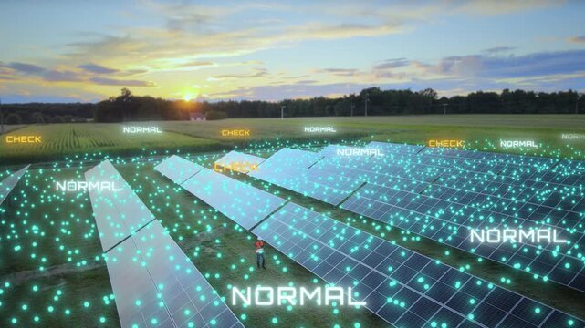 aerial futuristic animation of photovoltaic solar farm using artificial intelligence to monitor individual panels, identify errors and verify normal operating conditions in real time