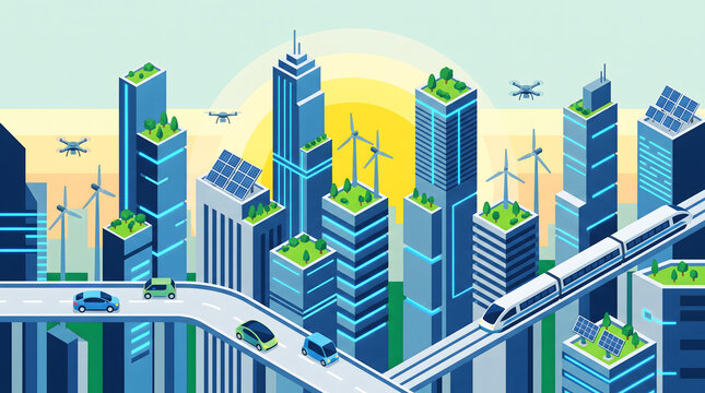 Isometric illustration of a sustainable eco friendly modern green city