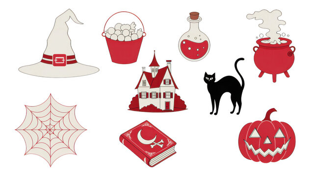 Set of cute pixel art halloween icons with witch hat cauldron and cat