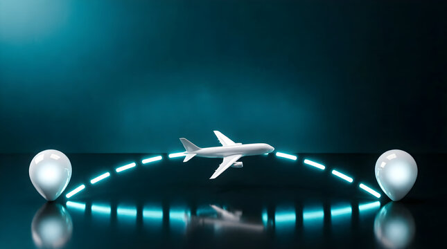White airplane flying on a glowing dotted route between pins for airline booking campaigns