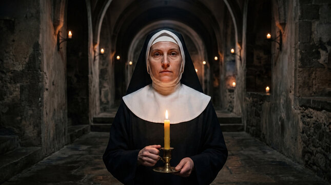 Monja iluminada por vela en monasterio oscuro