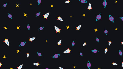 Outer space seamless pattern with rockets and planets. Galaxy background with stars and spaceships. Cute cosmic vector wallpaper. © mizoArt