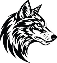 Fototapeta premium Black and white wolf head, bold graphic profile, tattoo-style animal emblem, wilderness symbol, fierce predator illustration, tribal design, strong visual impact