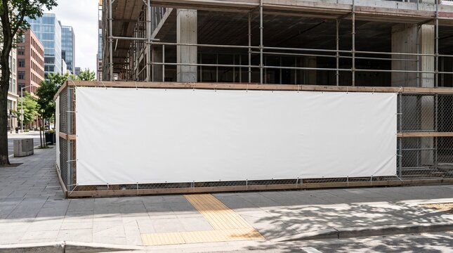 Blank white construction site hoarding banner for advertising mockup in urban city setting.