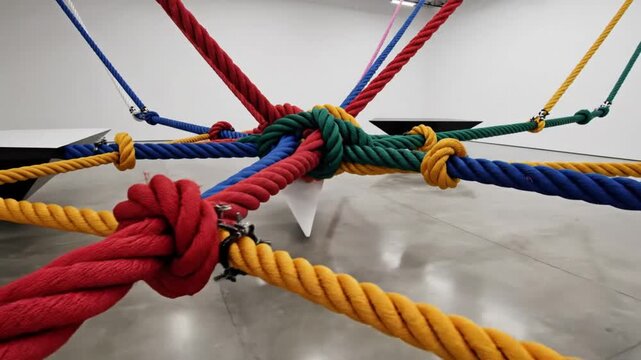 Colorful rope installation art sculpture with interwoven knotted ropes and a white angled support structure in a gallery