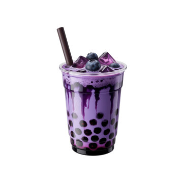 Delicious purple bubble tea drink with straw in a clear plastic cup isolated on transparent background