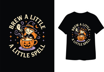Fototapeta premium Little witch brewing magic spell inside pumpkin cup with ghost friend halloween illustration for festive apparel and seasonal holiday gift product art.