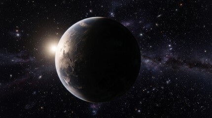 Fototapeta premium Cinematic planet Earth in deep space, glowing sunrise over globe horizon, starry galaxy background with cosmic atmosphere isolated PNG with Transparent Background
