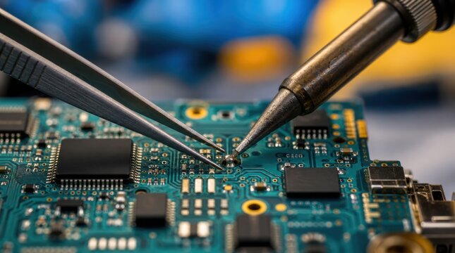 A close-up of a soldering iron and tweezers working on a detailed circuit board with electronic components.