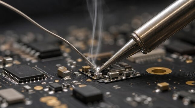 Close-up of a soldering iron welding a component onto a complex black electronic circuit board.