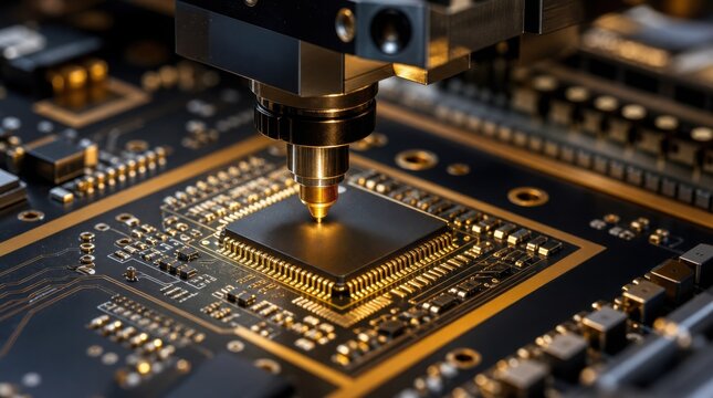 Close-up of a precision machine working on a microchip, highlighting intricate circuits and advanced electronics manufacturing.