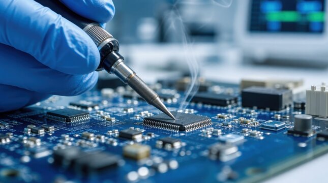 A gloved hand uses a soldering iron to attach a chip onto a blue printed circuit board in a high-tech electronics environment.