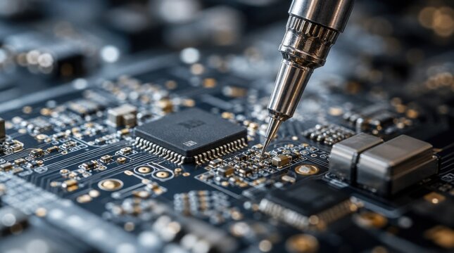 Close-up of a circuit board with a microchip being soldered by a precision soldering iron tip.