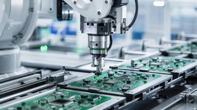 Automated robotic arm assembling electronic circuit boards on a production line in a high-tech manufacturing facility.