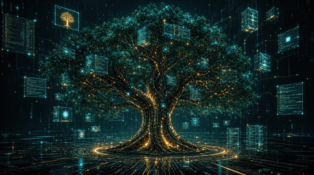 A glowing digital tree symbolizes interconnected data and technology amid a cybernetic, futuristic environment filled with floating holographic cubes.