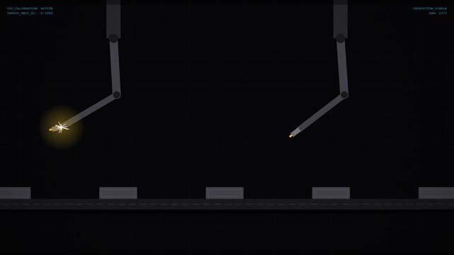 Futuristic robotic arms welding and assembling parts in a high-tech dark industrial manufacturing automated factory environment