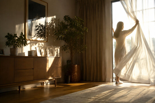 Sunlit interior with sharp shadows from an opened curtain.