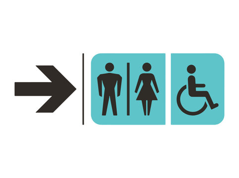 Public restroom sign with arrow and accessibility symbols for male, female, and disabled - ideal for wayfinding, public facility signage, accessibility information, and general directional graphics