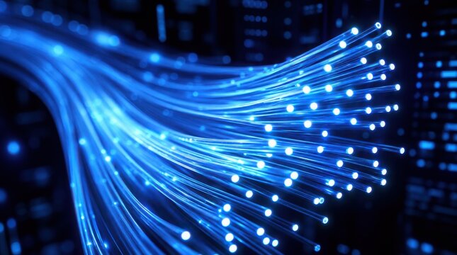 Blue fiber optic cables glowing, transmitting data through a dark server room with blurred network equipment in the background.