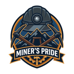 Fototapeta premium A bold logo design featuring a miner's helmet, crossed pickaxes, and a mountain backdrop, showcasing strength and pride in the mining industry, perfect for branding.