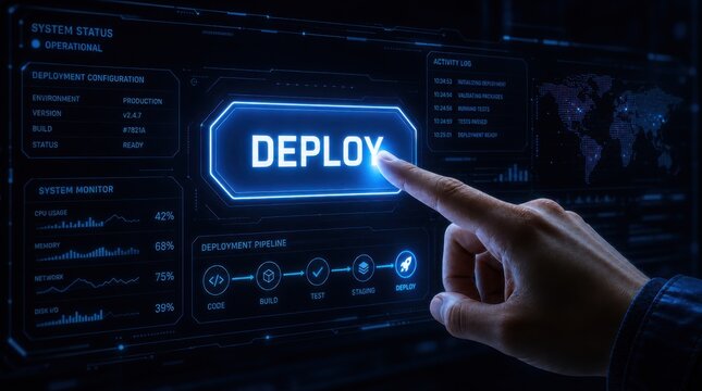 A hand is about to press a glowing "DEPLOY" button on a futuristic digital interface showing system status, deployment pipeline, and activity log data.