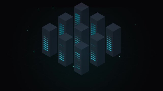 Abstract depiction of a server rack cluster in a dark digital space, symbolizing data storage and technology