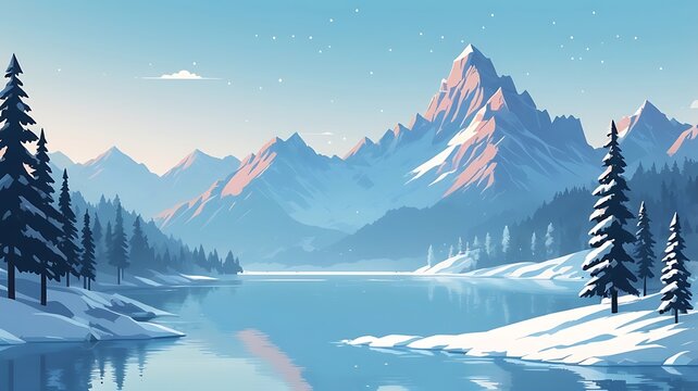 Winter mountain scene with frozen lake in pixel art