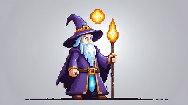 Wizard with glowing staff in 8-bit pixel art, vector logo style, white background, NFT character design