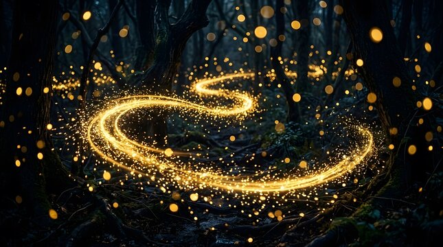 A mesmerizing abstract swirl of golden light against a dark blurred background creates a dynamic visual effect