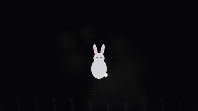 Minimalist white cartoon rabbit icon isolated on a black background, featuring a simple bunny silhouette with pink ears for graphic design