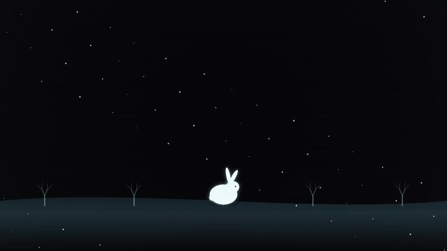 Minimalist vector illustration of a white rabbit sitting under a starry night sky in a serene dark landscape
