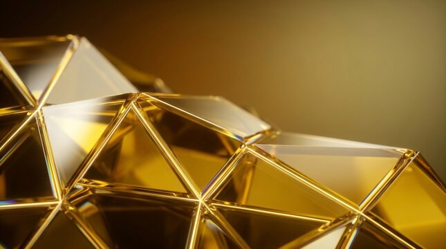 Abstract geometric golden crystal structure with light reflections and sharp edges