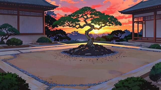 Zen garden at sunset, anime style, raked gravel and bonsai trees