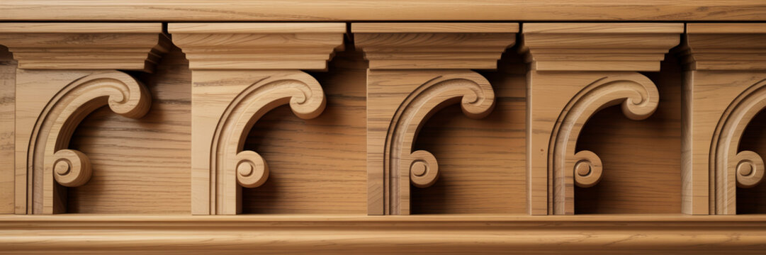 Classic wood cornice molding detail. Repetitive scroll designs. Elegant home trim, vintage carpentry, aesthetic home decor concept.