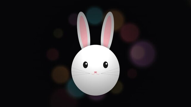 Minimalist white rabbit head illustration with long ears on a dark background with colorful bokeh light effects