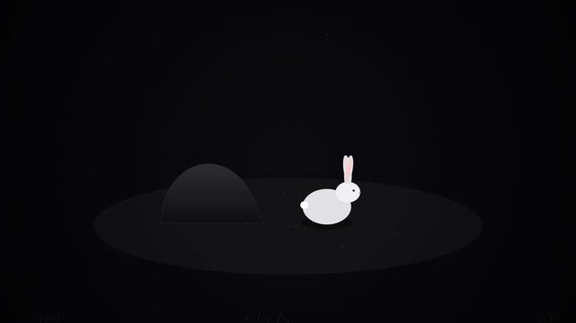 Minimalist white rabbit sitting near a small burrow entrance on a dark background vector graphic design