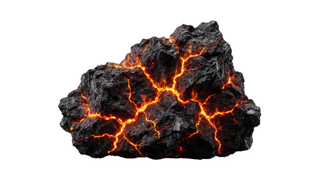 Volcanic lava rock with glowing orange magma cracks, charred black basalt stone, cooling igneous mineral for geology and fantasy design isolated PNG with Transparent Background