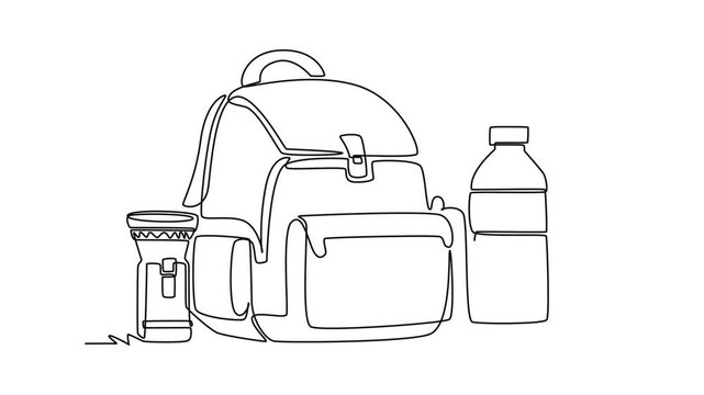 Emergency backpack with essential supplies and drinking water.Earthquake mitigation concept.Single line draw design.Full length animation illustration. High quality 4k footage