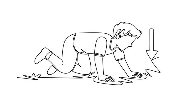 Person dropping down safely during an earthquake.Earthquake mitigation concept.Single line draw design.Full length animation illustration. High quality 4k footage