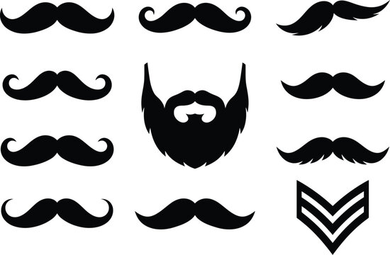 Mustache and beard vector icon set featuring various black facial hair styles and chevron symbols