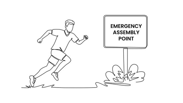 Person evacuating toward a designated emergency assembly point.Earthquake mitigation concept.Single line draw design.Full length animation illustration. High quality 4k footage