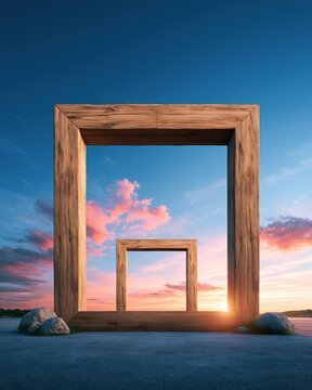Two nested wooden frames aligned across a rocky plain at sunset with glowing sunlight and colorful clouds creating strong depth and symmetry Concept of perspective and infinite possibility