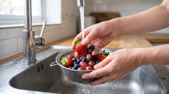 Person washing fresh organic fruit in a stainless steel colander under the kitchen sink faucet