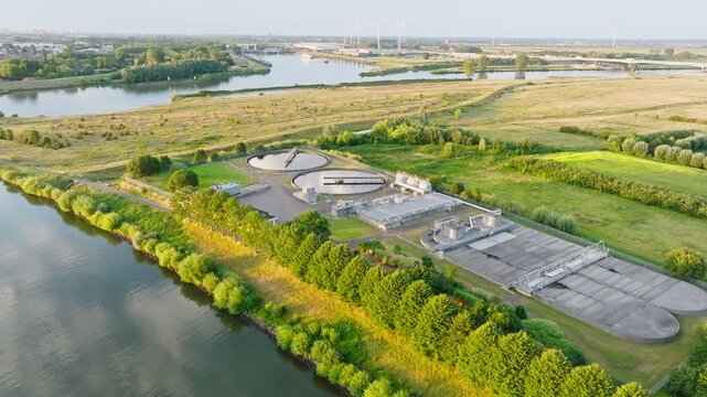 Industrial water treatment plant processing sewage in the Netherlands, water management by Rijkswaterstaat purifying water to discharge it into surface waters