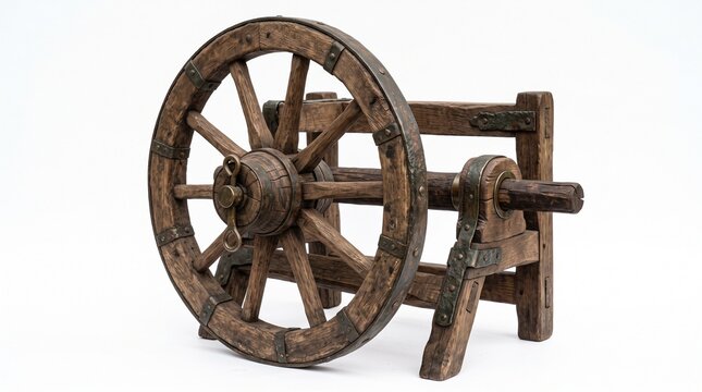 Wooden wheel with an aged metal rim and rough textured spokes stands mounted on a rustic wooden axle support against a plain white studio background.