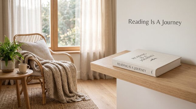 Minimalist reading nook with book titled Reading Is A Journey. Cozy interior with rattan chair, soft blanket, and natural window light.