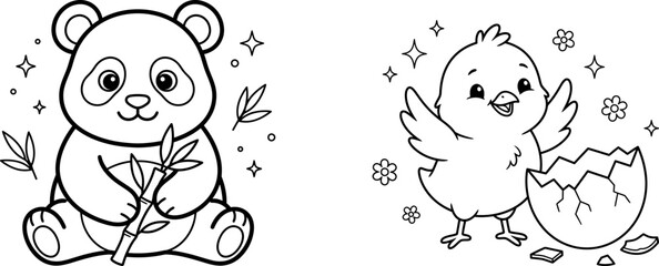 Cute panda bear and baby chick hatching from egg for children coloring book page © NomitaRani